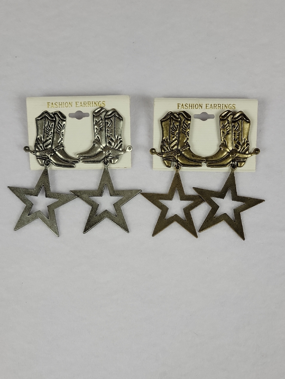 Cowgirl, Cowboy Boot Star Drop Earrings - Silver Tone and Bronze Or Gold Tone